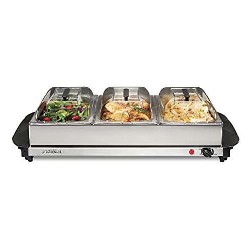 Proctor Silex Buffet Server & Food Warmer, Adjustable Heat, for Parties, Holidays and Entertaining, Three 2.5 Quart Oven-Safe Chafing Dish Set, Stainless Steel