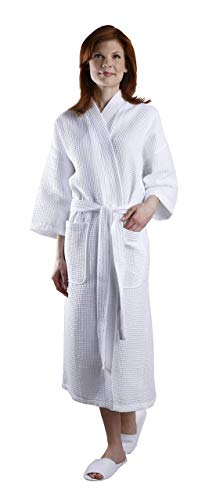 MONARCH Square Waffle Spa Kimono Robe - Soft Light Hotel Bathrobe Cypress (One Size/Large, White)