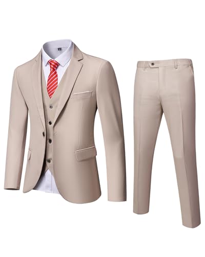 MrSure Men’s 3 Piece Suit Blazer, Slim Fit Tux with One Button, Jacket Vest Pants & Tie Set for Party, Wedding and Business Beige