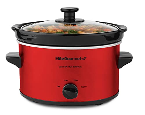 Elite Gourmet MST-275XR Electric Oval Slow Cooker, Adjustable Temp, Entrees, Sauces, Stews & Dips, Dishwasher Safe Glass Lid & Crock (2 Quart, Metallic Red)