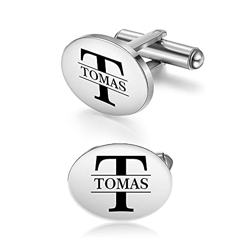 Personalized Cufflinks for Men LAGOFIT Custom Name Mens Cufflinks with Initials Gold & Silver Cufflinks for Groomsmen Wedding Business Gifts for Men Dad (Ellipse Silver)