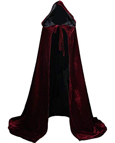 LuckyMjmy Velvet Renaissance Medieval Cloak Cape Lined with Satin (X-Large, Wine red-Black)