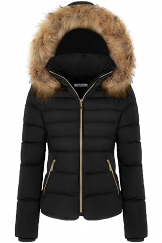 BodiLove Women's Fur Hooded Utility Jacket With Zipper and Fannel Lining Black M