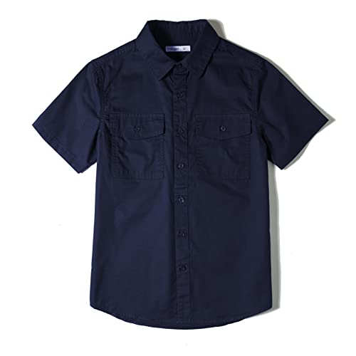 Tronjori Boys Short Sleeve Button Down Casual Woven Shirt Two Pockets(10,Navy)