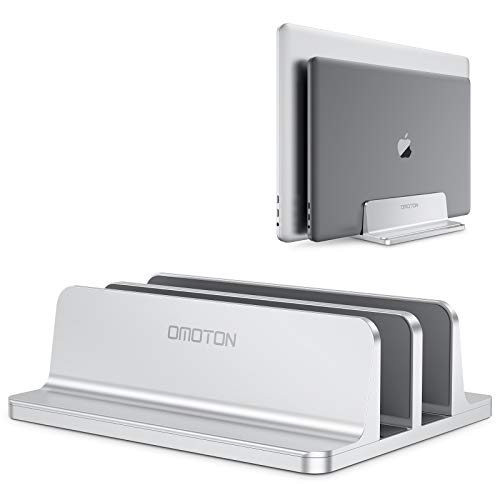 OMOTON [Updated Dock Version Vertical Laptop Stand, Double Desktop Stand Holder with Adjustable Dock (Up to 17.3 inch), Fits All MacBook/Surface/Samsung/HP/Dell/Chrome Book (Silver)