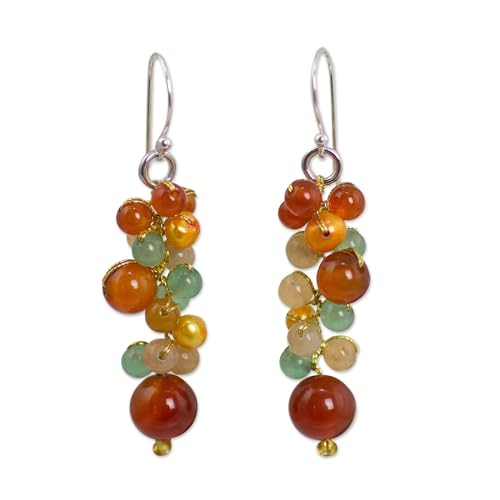 NOVICA Artisan Handmade Cultured Freshwater Pearl Carnelian Beaded Earrings Thailand Yellow Quartz Cluster .925 Sterling Silver Plated Dyed Multicolor Dangle 'Golden Vines'
