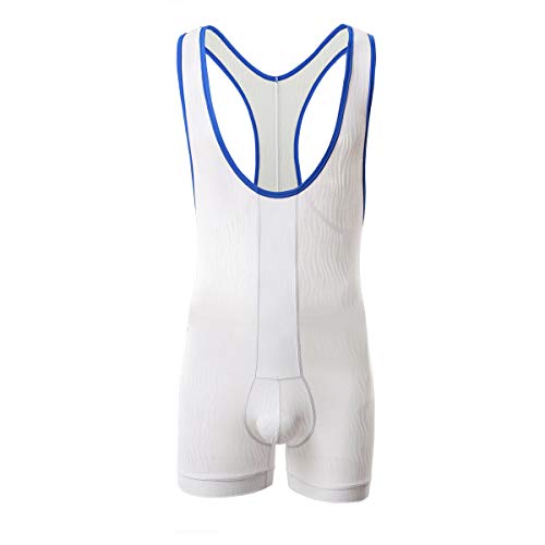 YUFEIDA Mens Suspenders Wrestling Singlet Leotard Thong Bodysuit Jumpsuit Briefs Swimwear (L, Boxer Bodysuit White)