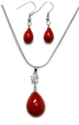 Pearl Bead Necklace & Earrings Gift Set/ Red / Necklace Length 18', Necklace Drop size 14x18mm /Cubic Zirconia size 6x6mm /Earrings Drop size 8x11mm / Free Cushioned Gift Box