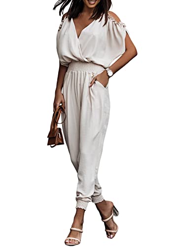 Dokotoo Jumpsuits for Lady Dressy One Piece Lighweight Long Pants Resort Wear Rompers High Waist Cold Shoulder Outfits for Summer,Beige Medium