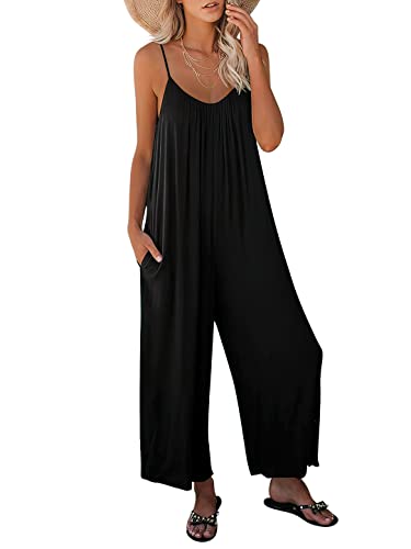ANRABESS Women Summer Casual Sleeveless Spaghetti Strap Boho Wide Leg Jumpsuits Rompers Dressy 2025 Trendy Outfits Clothes Black Medium