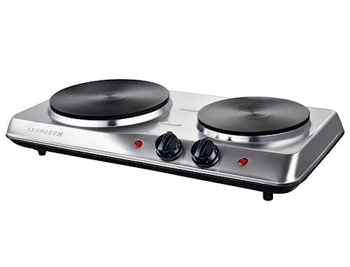 OVENTE Electric Countertop Double Burner, 1700W Cooktop with 7.25' and 6.10' Cast Iron Hot Plates, Temperature Control, Portable Cooking Stove and Easy to Clean Stainless Steel Base, Silver BGS102S