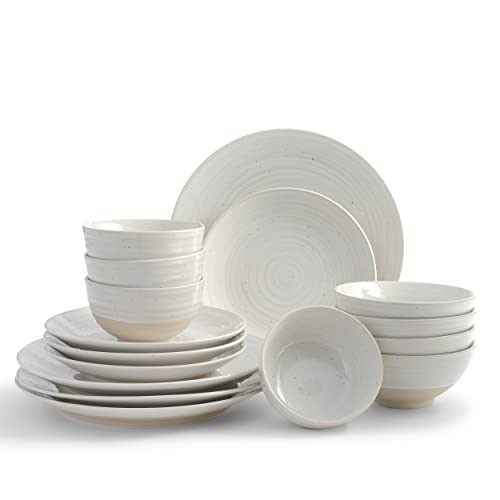 Sango Siterra 16-Piece Stoneware Dinnerware Set with Round Plates and Bowls (Rustic White, Casual)