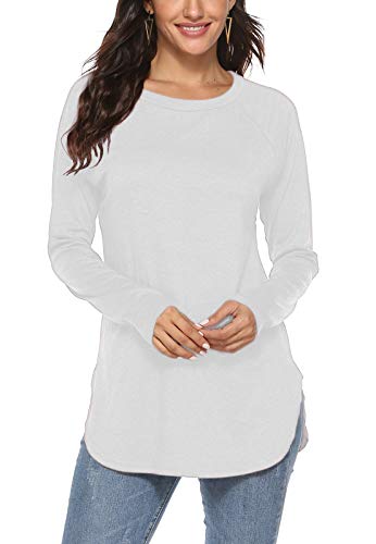 Newchoice Long Sleeve Shirts for Women White Fall Tunic Blouses Comfy Basic Tees Tops (L,White)