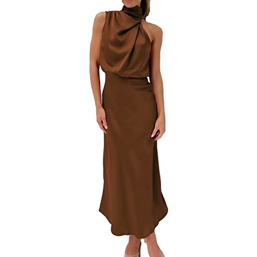 JURIS Satin Maxi Dress Cocktail Party Sexy Dresses for Women Date Night 2023 Women's Formal Dresses Brown Satin Prom Dress XS