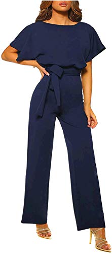 Happy Sailed Women Casual Loose Short Sleeve Belted Wide Leg Pant Romper Jumpsuits Small Navy Blue