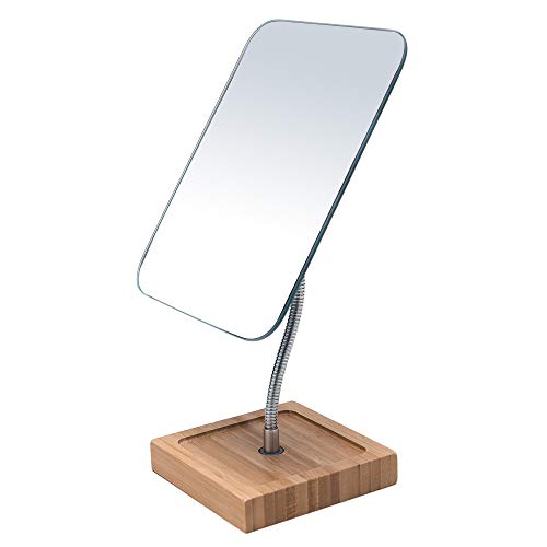 YEAKE Flexible Gooseneck Bamboo Vanity Makeup Mirror,360°Rotation 8' Large Frameless, Folding Portable Table Desk Mirror with Stand for Bathroom Shaving Make Up, Rectangle