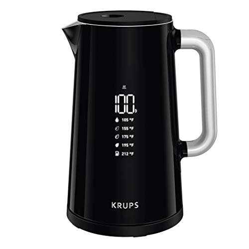 Krups Smart Temp Plastic and Stainless Steel Electric Kettle 1.7 Liter 5 Temperatures, Safe, Real Time Temperature Display 1500 Watts Digital Control, Fast Boiling, Auto Off, Keep Warm, Cordless Black