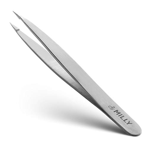 By MILLY Pointed Tweezers | Hammer Forged 100% German Steel Needle Nose Tweezers | Fine Point Tweezers Precision Hair Removal | Perfectly Aligned & Hand-Filed Sharp Tweezers | Silver