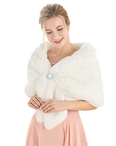 Jeweky 1920s Bride Wedding Fur Shawls and Wraps Winter Bridal Faux Fox Fur Stoles and Scarfs for Women and Bridesmaids (A-White, US 4-14 (S-M))