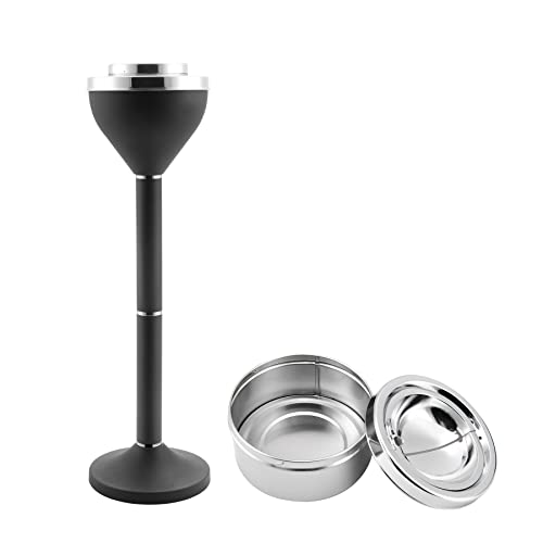 Anfrere Standing Ashtray Outdoor for Patio, Large & Tall Outside Ash Tray for Cigarette Butt Receptacle Disposal, Commercial Metal Smokers Cigar Ashtrays Container with Lid, Matte Black, B01DK