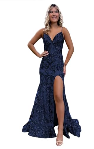 RUMUGUYA Navy Blue Spaghetti Straps V Neck Prom Dress with Slit 2024 Sparkly Sequin Mermaid Formal Party Gowns for Wedding Guest 06