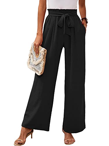 Heymoments Women's Wide Leg Lounge Pants with Pockets Black Medium Lightweight High Waisted Adjustable Tie Knot Loose Comfy Casual Trousers