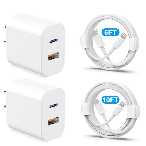 Phone Charger 2 Pack [MFi Certified] 20W Dual Port QC + PD 3.0 Power Adapter Fast Wall Charger Block with 6FT&10FT Type C to Lightning Cable for iPhone 14 13 12 11 Pro Max XR XS X,iPad More