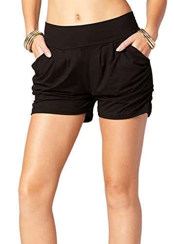 Conceited Ultra Soft High Waisted Harem Shorts for Women with Pockets - Flowy 4' Inseam - Midnight Black - Small - Medium - NS01-SBK-SM