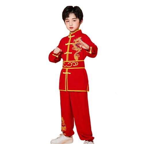 YEMYIQZ Kung Fu Uniform for Boys Girls Kids Traditional Chinese Embroidered Tai Chi Wing Chun Master Martial Arts Set Outfit (Red, L)