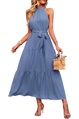 PRETTYGARDEN Women's Summer Maxi Sun Dress Sleeveless Halter Neck Flowy Ruffle Hem Long Boho Dresses with Belt (Solid Grey Blue,Small)