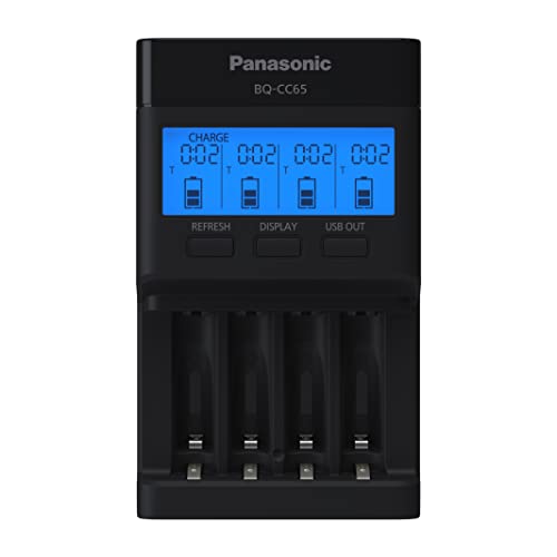 Panasonic BQ-CC65AKBBA Super Advanced eneloop pro and eneloop 4-Position Quick Charger with LCD Indicator Panel and USB Charging Port, Black