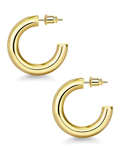 wowshow Chunky Gold Hoop Earrings, Thick Gold Hoop Earrings for Women 14K Real Gold Plated 30mm Big Open Hoops Lightweight