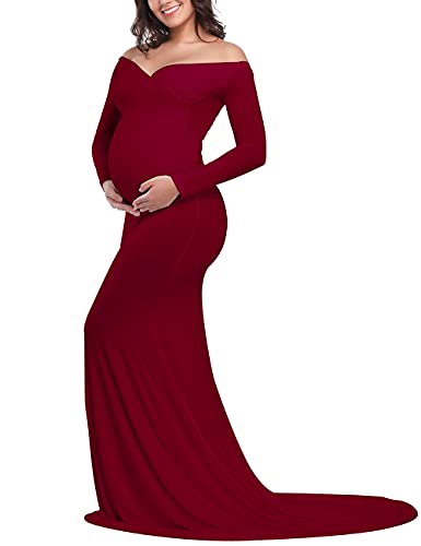 JustVH Maternity Elegant Fitted Maternity Gown Long Sleeve Cross-Front V Neck Slim Fit Maxi Photography Dress for Photoshoot A- Burgundy