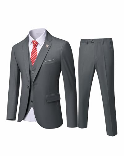 MY'S Men's Blazer Vest Pants Set, Solid Party Wedding Dress, One Button Jacket Waistcoat and Trousers, 3 Piece Slim Fit Suit with Tie Dark Grey