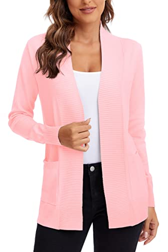 Urban CoCo Women's Lightweight Open Front Knit Cardigan Sweater Long Sleeve with Pocket (Pink, L)