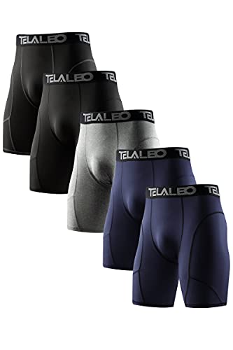 TELALEO 5 Pack Compression Shorts for Men Spandex Sport Shorts Athletic Workout Running Performance Baselayer Underwear Black/Double Blue/Double Gray L
