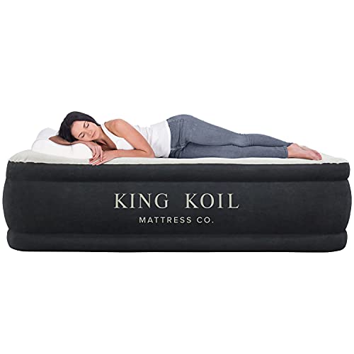 King Koil Pillow Top Plush Queen Air Mattress With Built-in High-Speed Pump Best For Home, Camping, Guests, 20' Queen Size Luxury Double Airbed Adjustable Blow Up Mattress, Waterproof, 1-Year Warranty