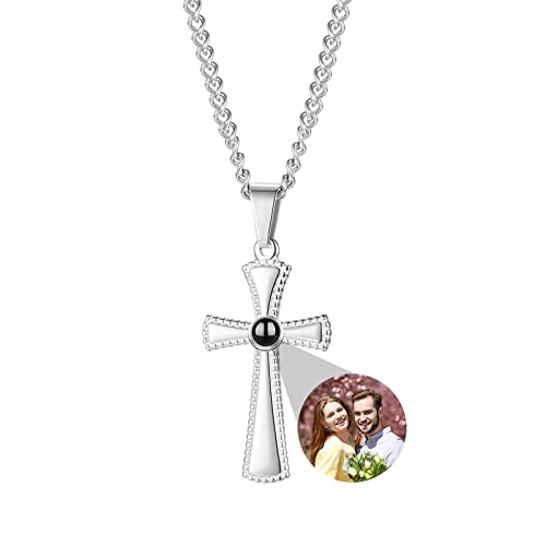 RWQDZOM Custom Photo Projection Cross Necklace for Men Personalized with Picture Inside I Love You Necklace 100 Languages Sterling Silver Pendant Necklace for Men Boys(Cross-4 Silver)