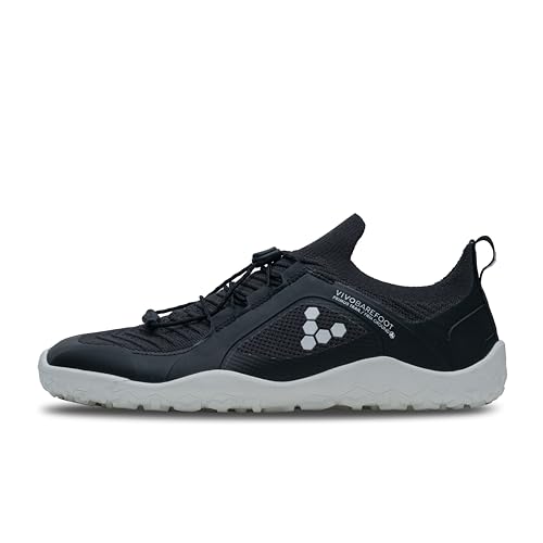 Vivobarefoot Primus Trail Knit FG, Mens Recycled Breathable Mesh Off-Road Shoe with Barefoot Firm Ground Sole Obsidian/White