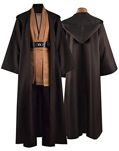 Rongxu Mens Tunic Robe Cosplay Costume Adult Tunic Hooded Robe Outfit Full Set Halloween Costume US Size (X-Large, Light Brown (Full Set))