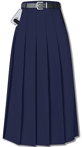 SANGTREE Girls Long Pleated Skirt with Pockets, High Waisted Plain School Uniform A-line Skirts, Long # Navy Pocket, 13-14 Years