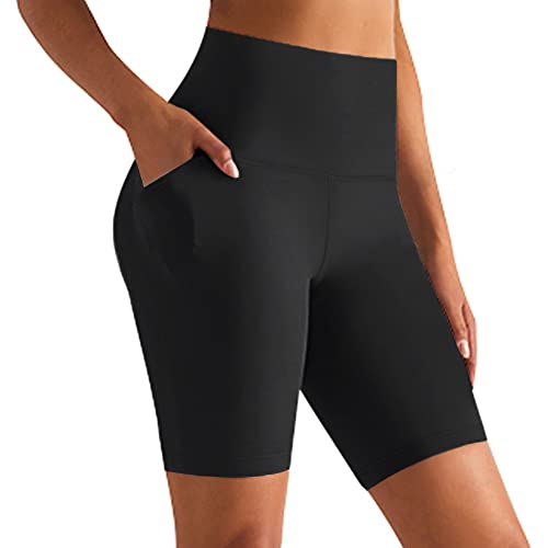 GROTEEN High Waisted Biker Shorts with Pockets for Women Yoga Workout Tummy Control Gym Running Shorts Leggings (Large-X-Large, Black)