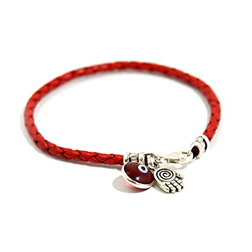 Hamsa Hand Protection Bracelet for Women - Silver Hamsa Charm on Red Leather Evil Eye Bracelet - Ojo Jewelry - Birthday Anniversary Friendship Gift