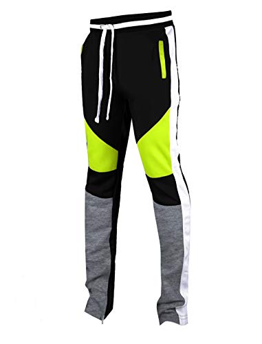 SCREENSHOTBRAND-P41901 Mens Activewear Premium Slim Fit Track Pants - Athletic Jogger Color Block Cut & Sew Sportswear Bottoms-Black/Neon-Large