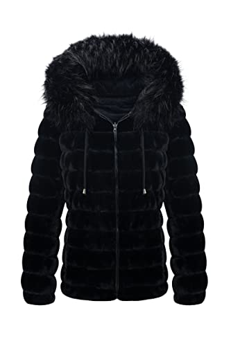 Bellivera Women Double Sided Faux Fur Jacket with Fur Collar, The Puffer Coat Worn on Both Sides 19225 Black XL