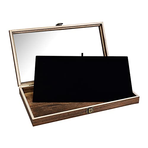 MOOCA Wooden Jewelry Display Case with Tempered Glass Lid and Removable Black Luxurious MDF Velvet Jewelry Display Pad, Pocket Knife Display Case, Eyewear Display Case, Brown Color