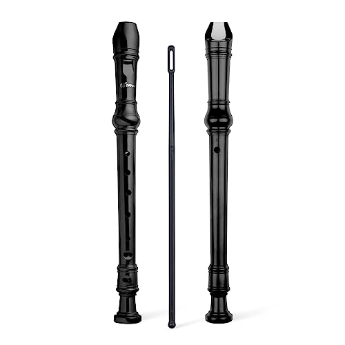 SWAN Soprano Recorder Instrument for Beginners Kids Student - German Fingering 8 Hole Flute Descant Recorders with Cleaning Rod Fingering Chart, Black