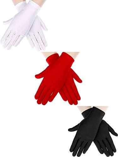 Sumind 3 Pairs Wrist Length Gloves Women Short Satin Gloves Opera Short Gloves for 1920s Wedding Party (Black 2, White 2, Red 2)