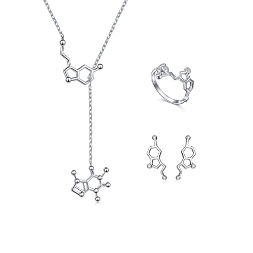 JZMSJF S925 Sterling Silver Serotonin Molecule Dopamine Set Pendant Necklace Rings Studs Earrings Jewelry Gift for Women Teens