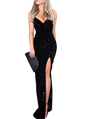 BerryGo Women's Sexy Sparkly V Neck Bodycon Sequin Prom Ball Gown Evening Long Cocktail Maxi Valentines Dress with High Slit Black M